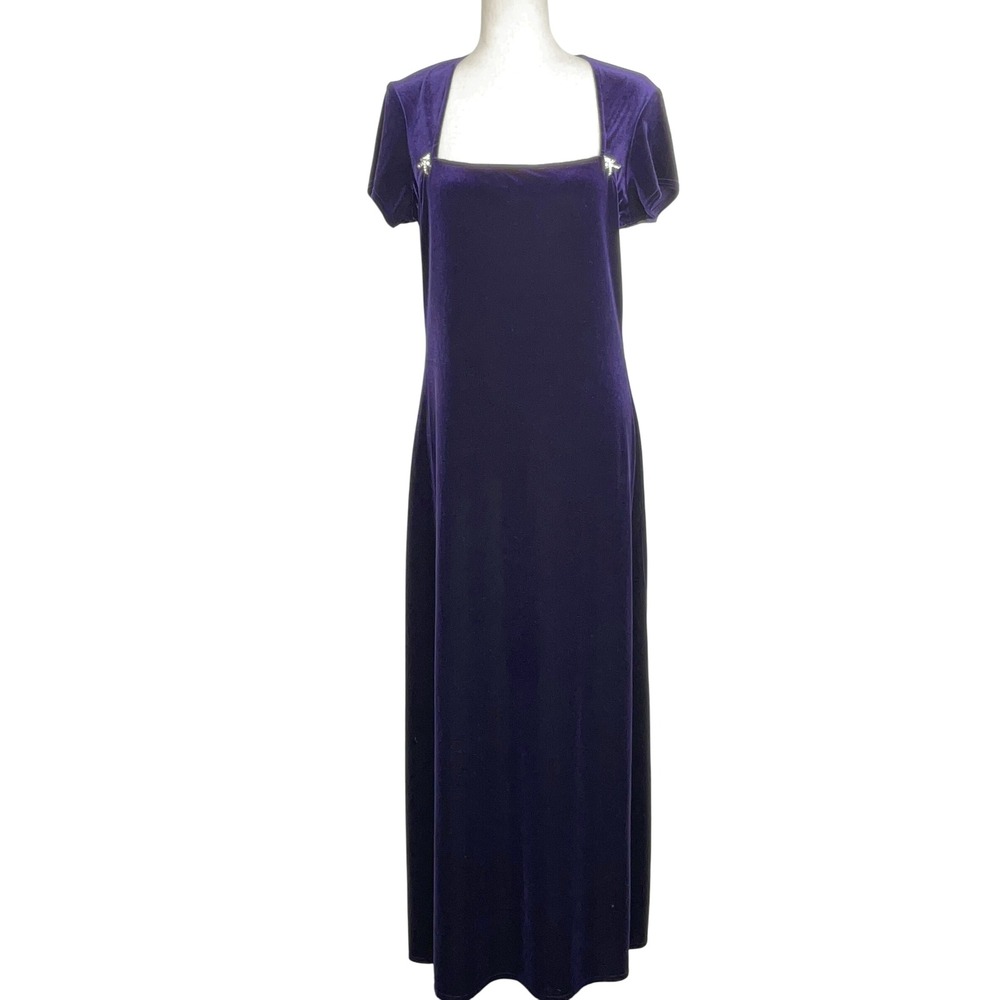 Onyx Nite Dress Women 12 Purple Velvet  Evening Gown Formal Rhinestone Maxi  VTG